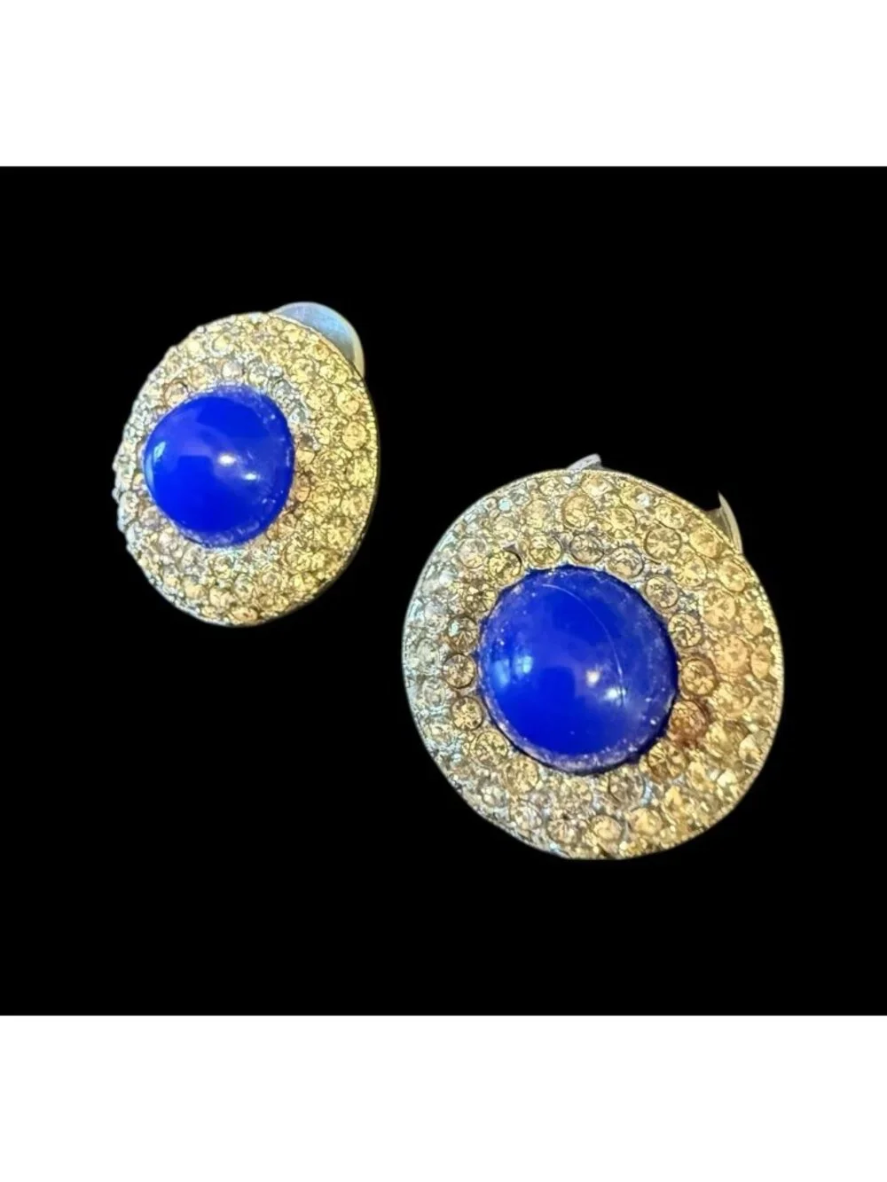 Vintage Kenneth Lane Round Blue Glass Cab Earrings Pave Clear Rhinestone 7/8” - Picture 5 of 7